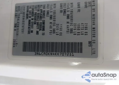 2019 Nissan Nv200 Sv z USA, uszkodzony, nr VIN 3N6CM0KN4KK707251